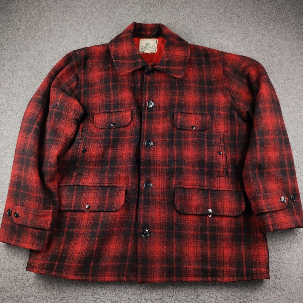 VTG Johnson Woolen Mills Mackinaw Jacket Mens 46 Buffalo Check Red Plaid Wool